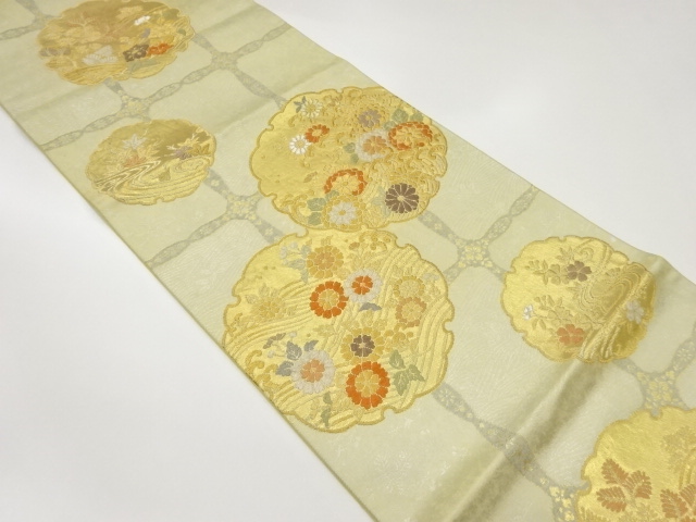 雪輪に花々模様織出し袋帯